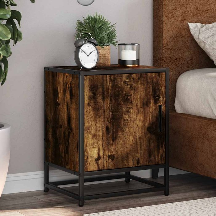 Mesita de noche de roble ahumado 40x31x50 cm madera contrachapada metal