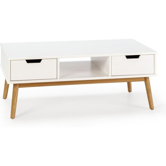 Mesa centro baku blanco, pino macizo, 2 cajones, 110 cm