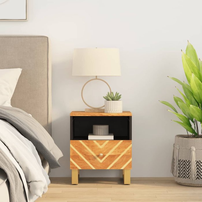 Mesita de noche de madera maciza de mango marrón y negro - comfortxl