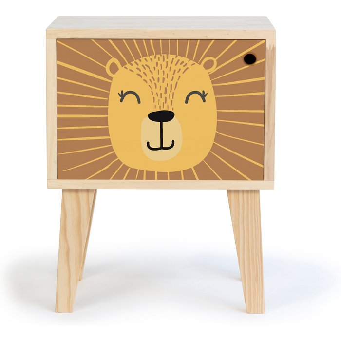 Mesita de noche de pino para niños con dibujo de león.
