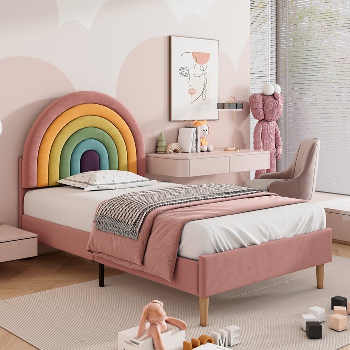 Cama infantil de terciopelo - 90x200 cm - con cabecero ajustable de color - rosa
