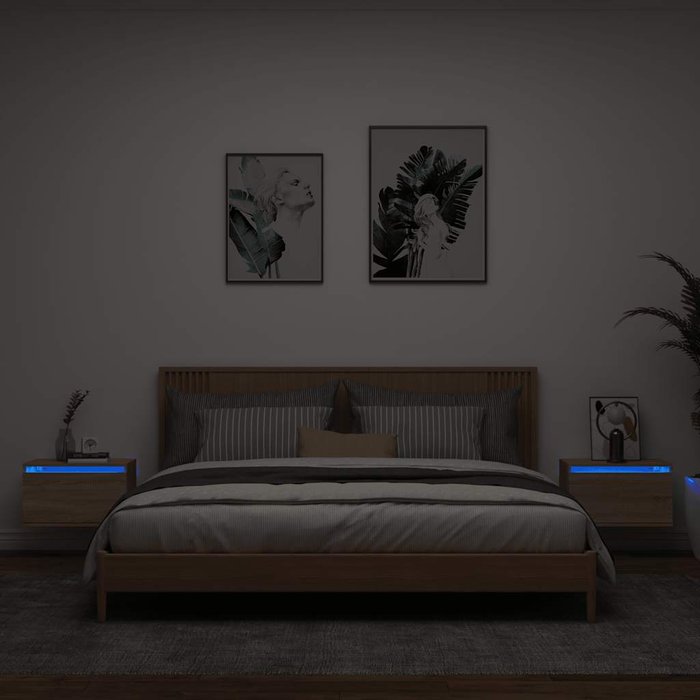 Mesitas de noche de pared con luces led 2 unidades roble sonoma