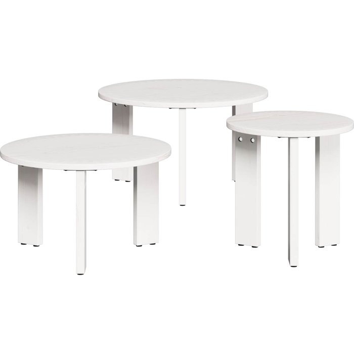 Mesa de centro de 3 piezas, color blanco, madera maciza de pino.