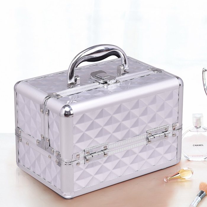 Maletín de maquillaje profesional con espejo 23x15x18cm plateado