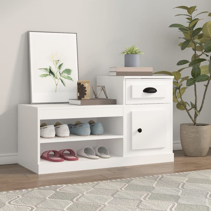Zapatero blanco de 100x42x60 cm, fabricado en madera de ingeniería.