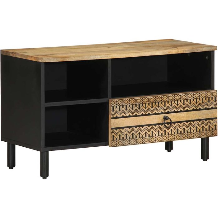 Mueble de tv negro 80x33,5x46 cm madera maciza de mango en bruto