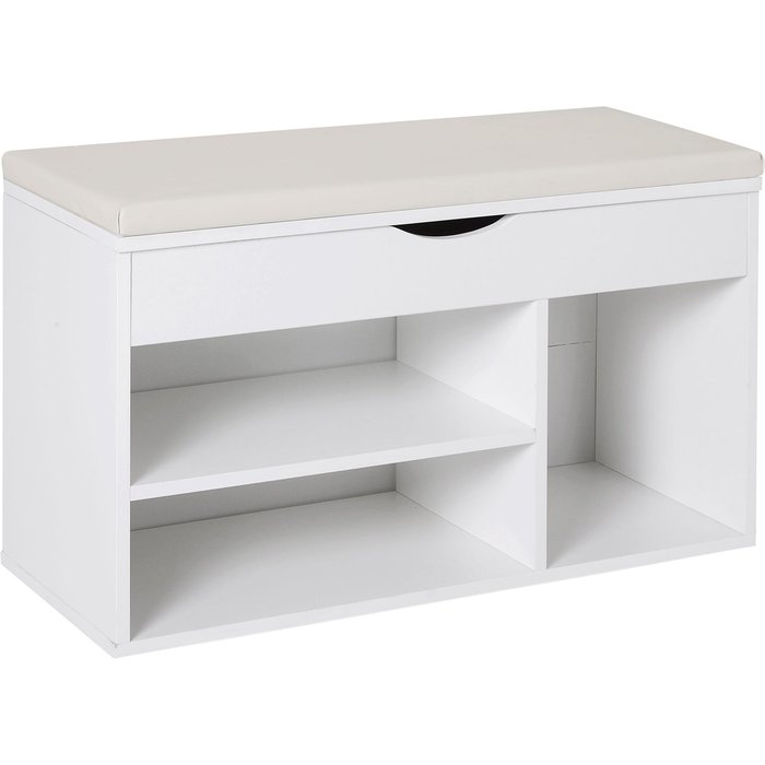 Banco zapatero blanco con cajón y asiento acolchado 80x30x47cm - entrada moderna