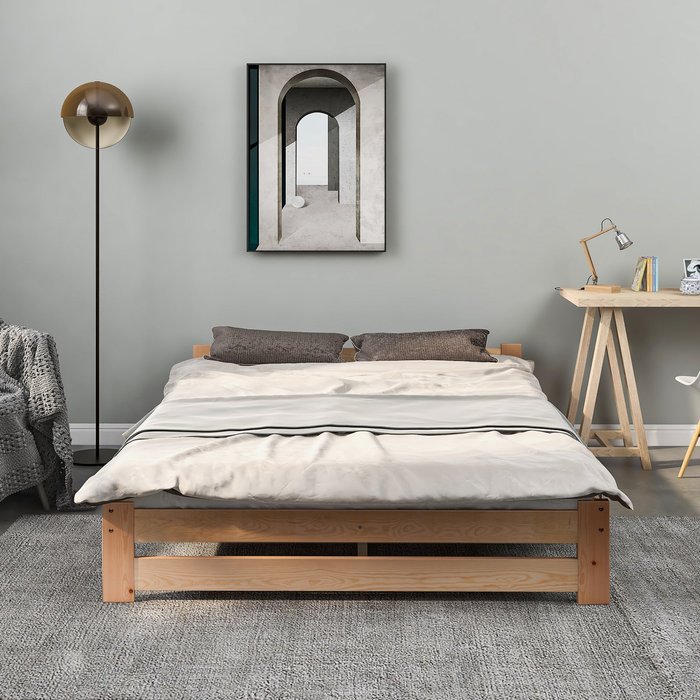 Cama de madera maciza - 200 x140 cm - con cabecero y somier de lamas - nature