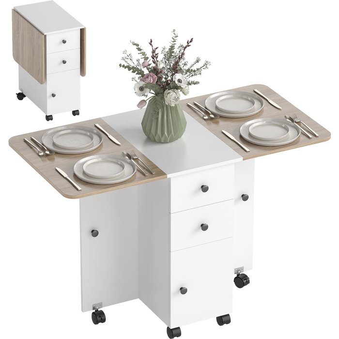 Mesa plegable cocina con ruedas y cajones 120x60cm blanca - multifunción
