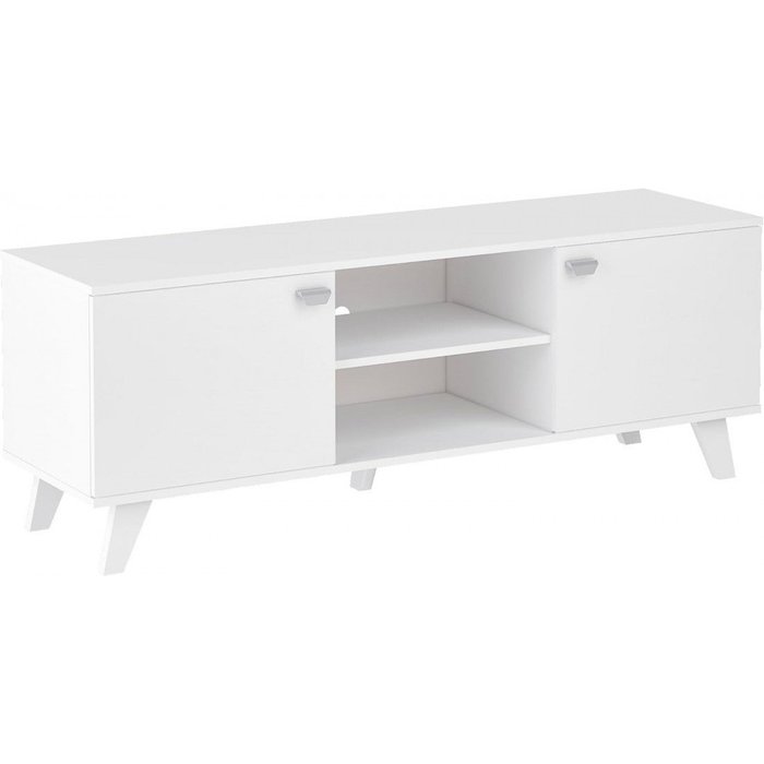 Mueble tv blanco quiatur 2 puertas y 2 estantes mdf patas blancas 140x40x51 cm