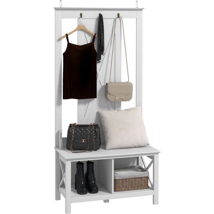 Mueble perchero entrada madera blanco 3 ganchos banco estantes 80,5x40x168cm