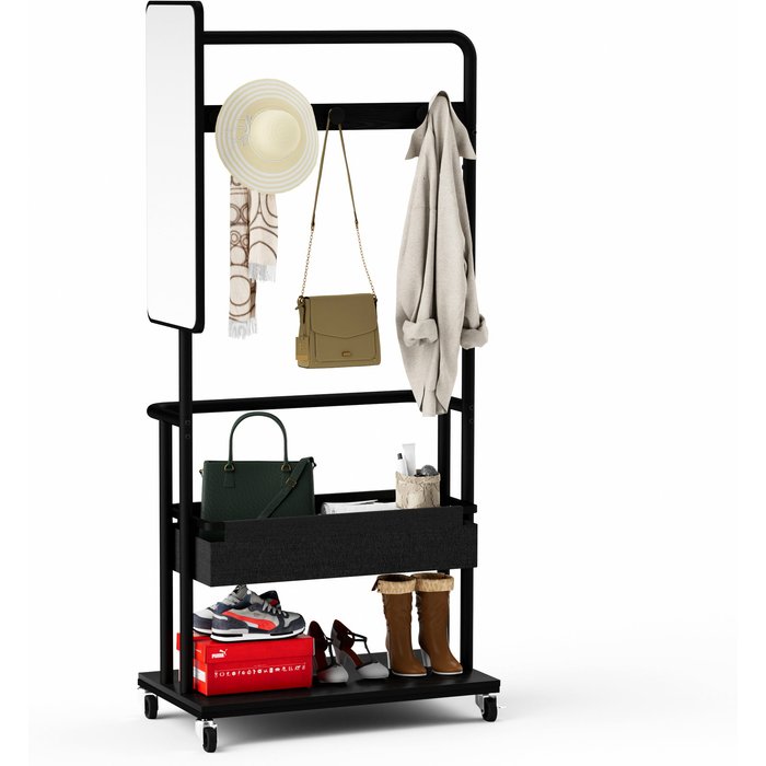 Perchero 3 en 1 con cesta y espejo - acero y aglomerado - negro (70x40x170cm)