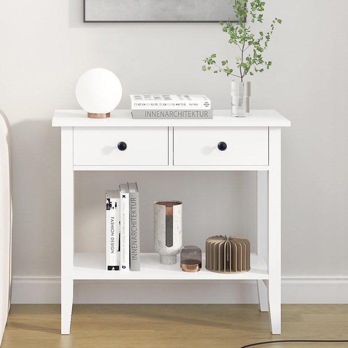 Tocador minimalista de dos niveles con dos cajones — 80 × 34 × 71,5 cm — blanco