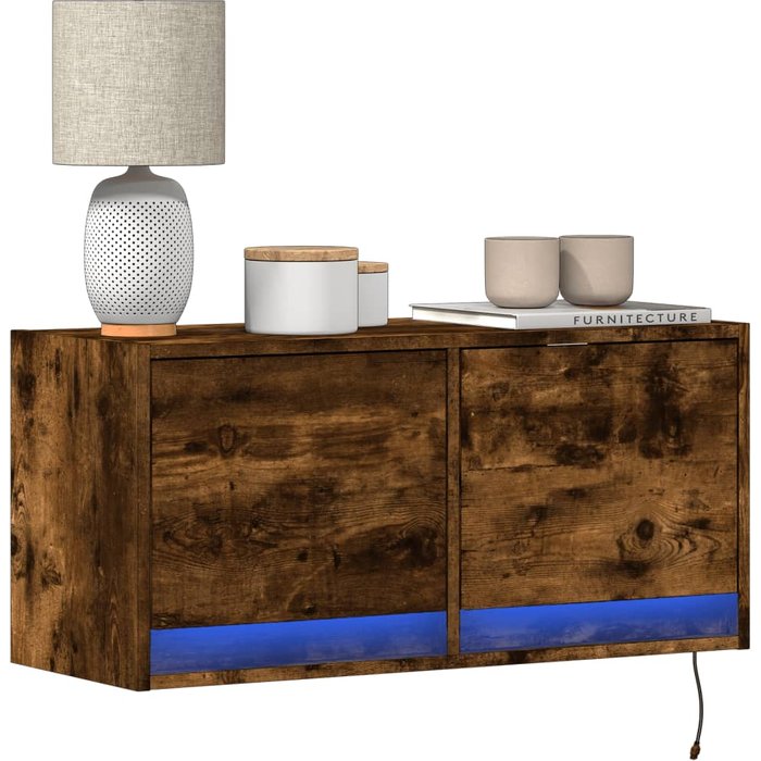 Mueble de tv de pared con luces led, roble ahumado, 80x31x35 cm
