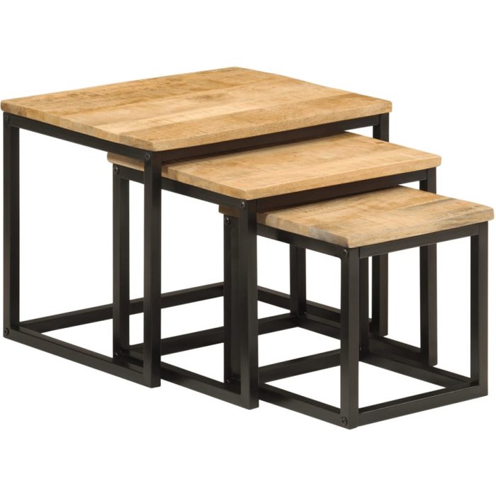 Vidaxl mesas de centro apilables 3 pzas madera maciza mango y hierro