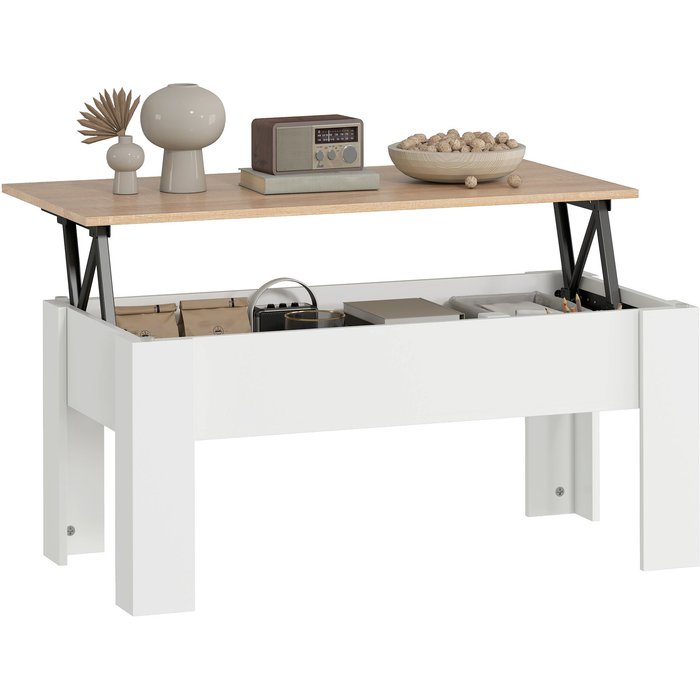 Mesa de centro elevable blanca y madera 100x50cm con compartimento de almacenaje