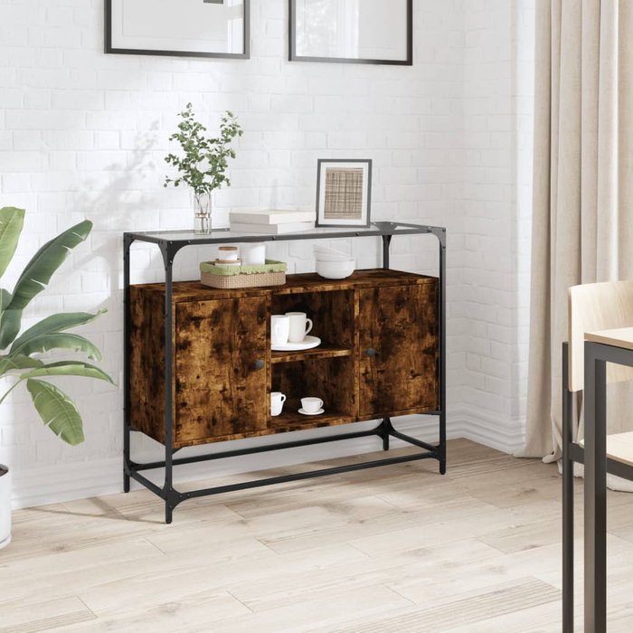 Vidaxl aparador cristal y madera ingeniería roble ahumado 98x35x81 cm