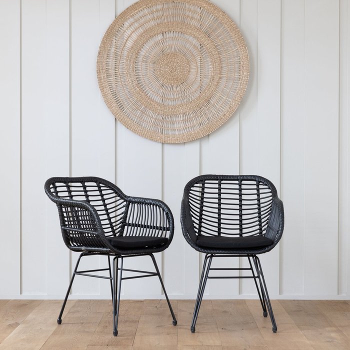 Pack de 2 sillones de ratán sintético negro con cojines cinta