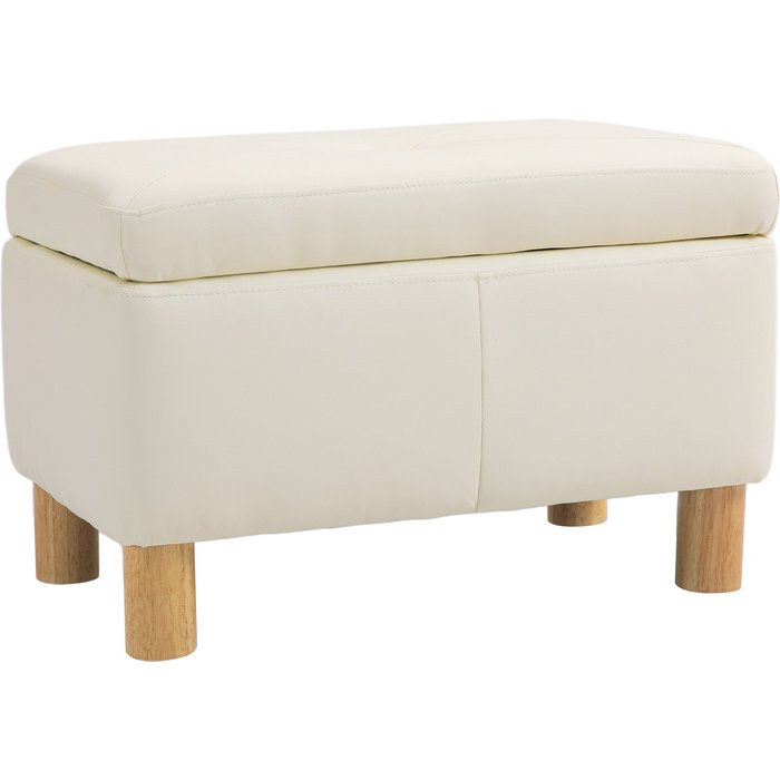 Taburete con almacenaje homcom pu, madera de caucho crema 60x38x40 cm