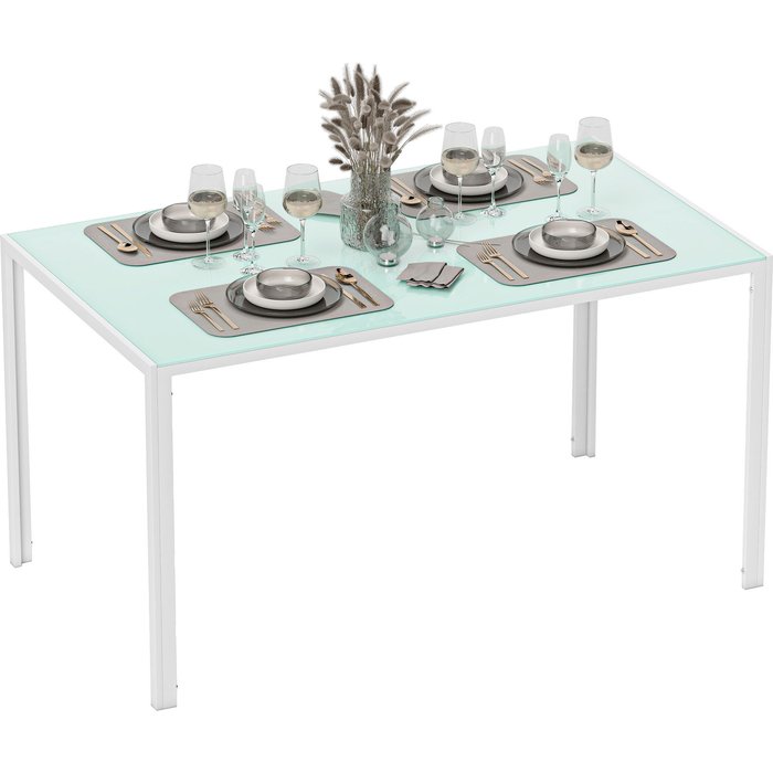 Mesa comedor cristal templado 6 personas 140x80cm patas metal blanco cocina