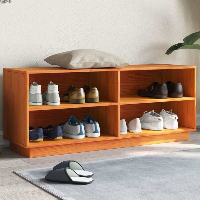 Zapatero marrón encerado, 110x34x45 cm, madera maciza de pino.