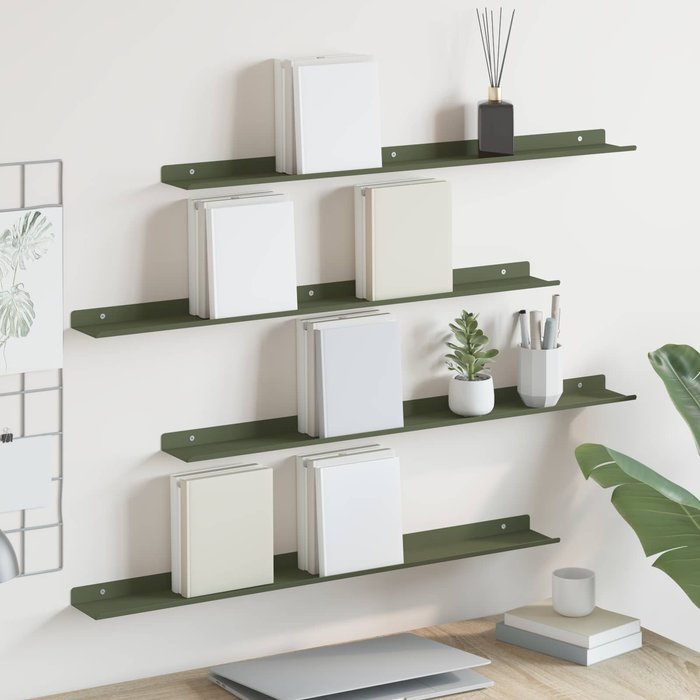 Estante flotante, 4 unidades, verde oliva, 80 x 9 x 2,5 cm, acero