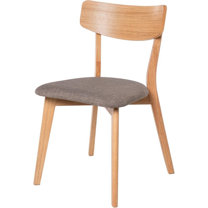 Silla kalatani roble de madera de roble con asiento tapizado gris claro.