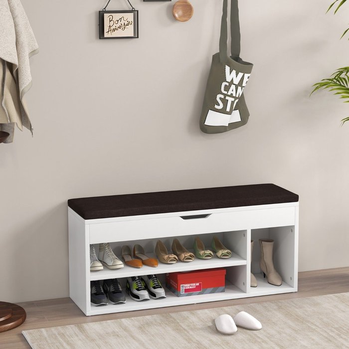 Banco zapatero con asiento y almacenaje 104x30x48cm blanco y marrón