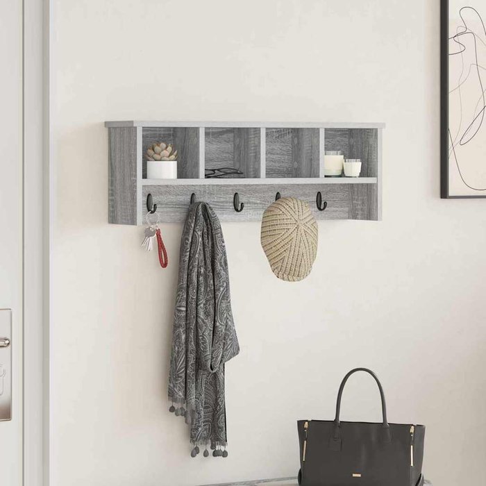 Perchero de pared con estante, color gris sonoma, 75 x 16 x 26 cm.