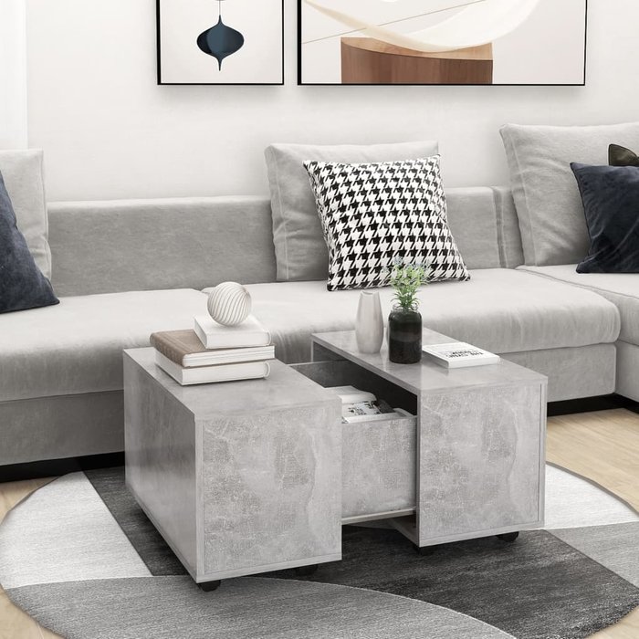 Mesa de centro gris hormigón de 60x60x38 cm, fabricada en madera de ingeniería.
