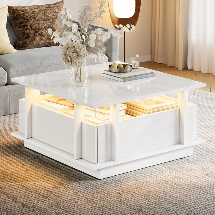 Mesa de centro cuadrada 70 cm, 2 cajones con led, panel acrílico, madera, blanco