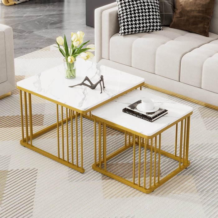 Mesa de centro 60x60x45 y 45x45x40 cm ahorro de espacio encajable madera, blanco