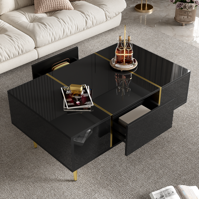 Mesa de centro 100×60×41,5 cm con 2 cajones y patas doradas, en mdf, negra y oro