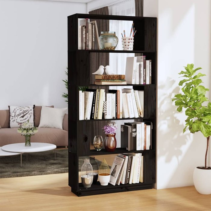 Librería/separador de ambientes negro 80x25x163,5 cm pino macizo