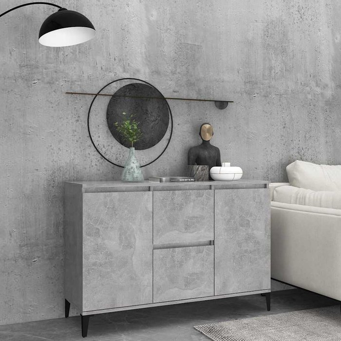 Aparador gris hormigón de 102x35x70 cm, fabricado en madera de ingeniería.
