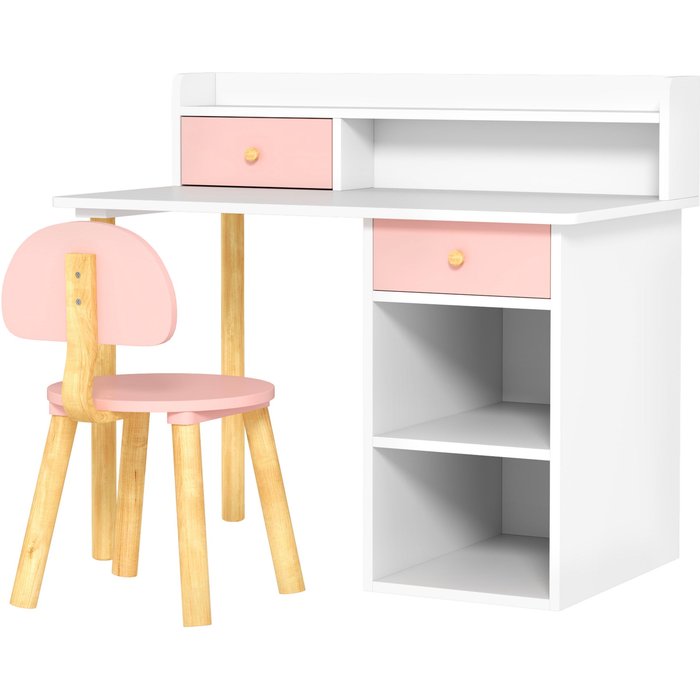 Mesa de estudio infantil con silla rosa y blanca - cajones y estantes 85x48x73cm
