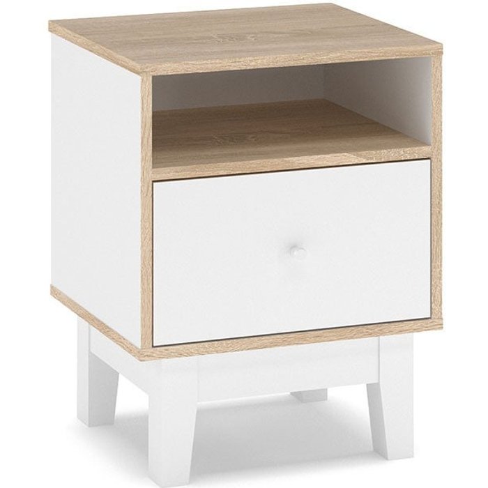 Mesilla de noche blanca y cambria, 45x44x58 cm, con 1 cajón grande y 1 estante.