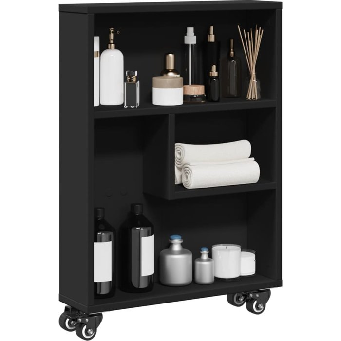 Carro de almacenamiento estrecho negro 48x13x68 cm de madera contrachapada