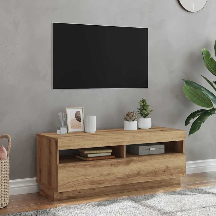 Mueble tv luces led madera ingeniería roble artisan 100x35x40cm