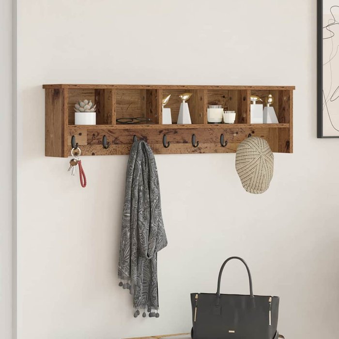 Perchero de pared con estante, madera antigua, 100 x 16 x 26 cm