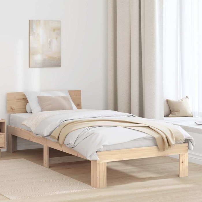 Estructura de cama con cabecero, acabado natural, 90 x 190 cm, pino macizo