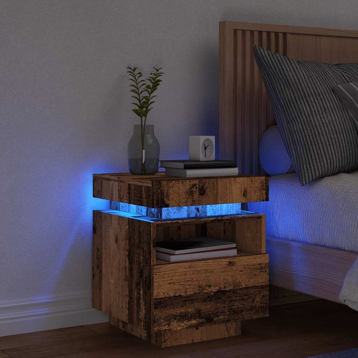 Mesita de noche con luces led, madera envejecida, 40x39x48,5 cm