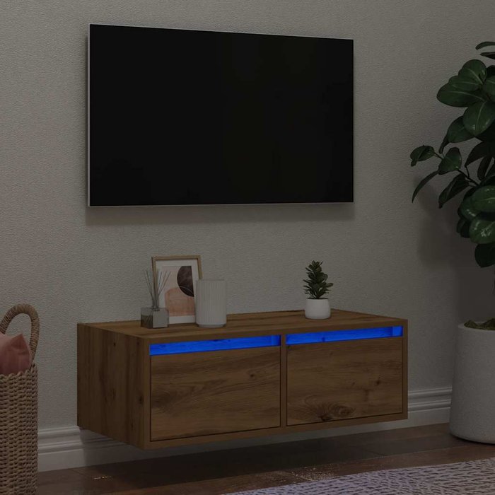Mueble de tv con luces led roble artisan 75x35,5x25 cm