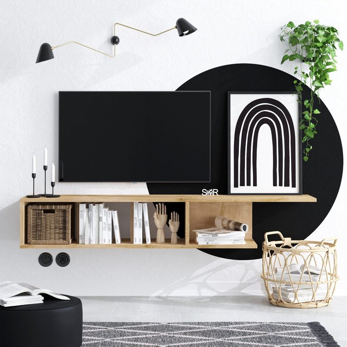 Mueble tv suspendido 150x24x26 compartimentos abiertos efecto madera roble pan