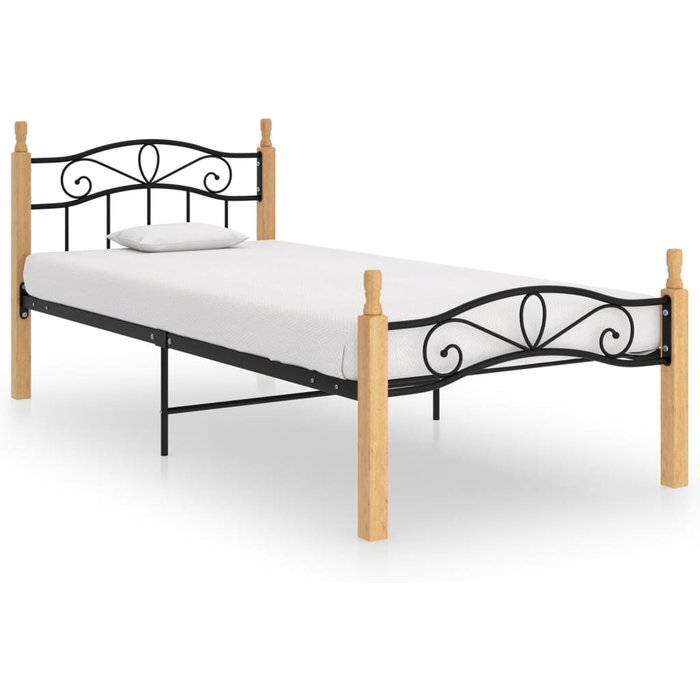 Estructura de cama de metal negro y madera maciza de roble 90x200 cm