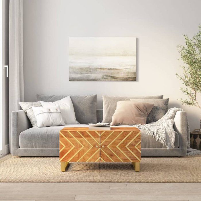 Mesa de centro marrón y negra, 80x50x40 cm, madera maciza de mango.