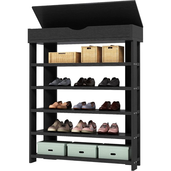 Zapatero de madera de 5 niveles, con puerta de entrada, 75 x 30 x 94 cm, negro.