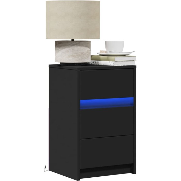 Mesita de noche con luces led madera de ingeniería negra