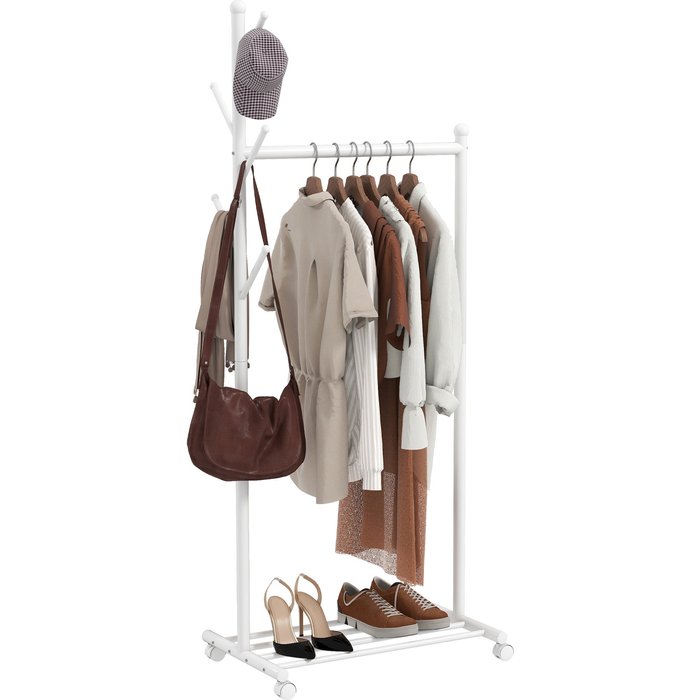 Perchero móvil con barra para colgar ropa, 5 ganchos, zapatero, blanco