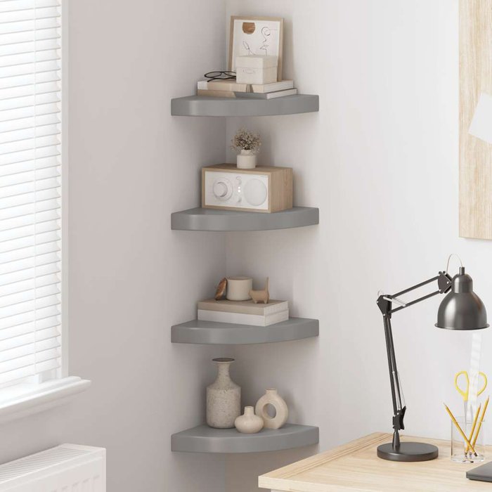 Estantes esquineros flotantes, 4 unidades, gris brillante, 25x25x3,8 cm, mdf